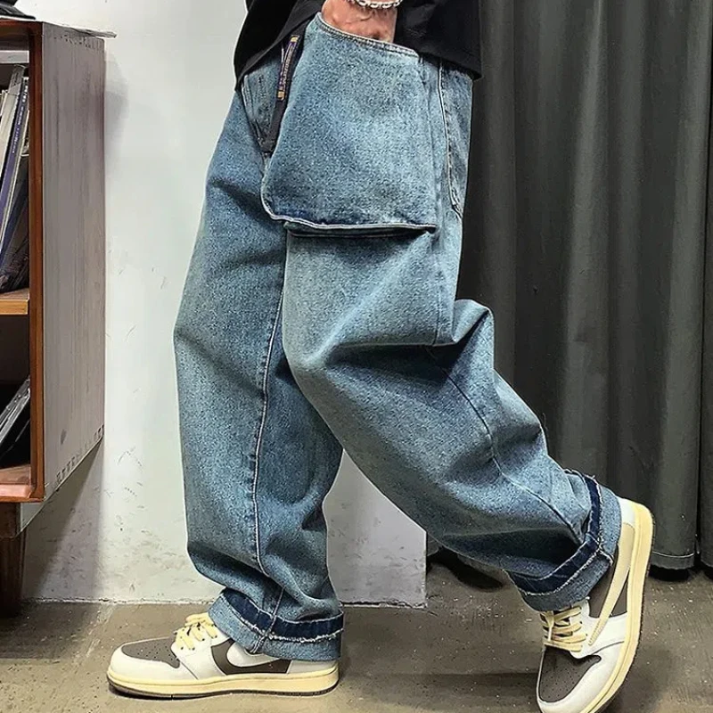Design Sense Niche Jeans Men Retro Large Pocket Casual Pants Loose Wide Leg Straight Leg Pants