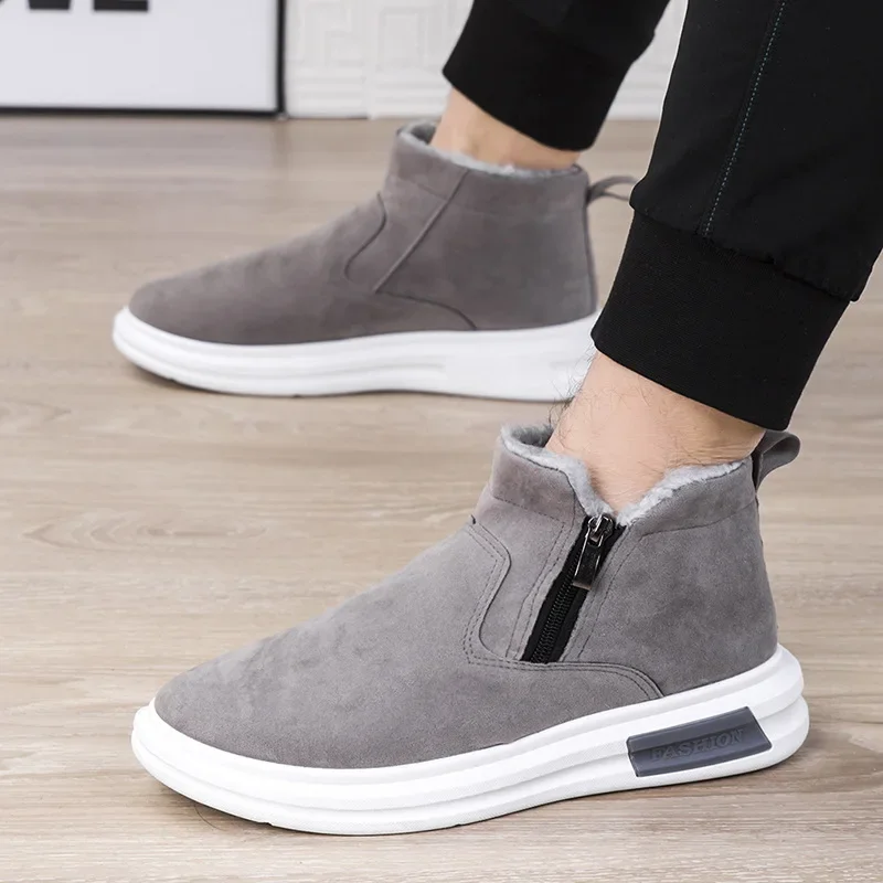 Men Platform Ankel Boots Casual Plush Men Winter Fashion Slip-on Cotton-Padded Shoes Outdoor Antislip Warm Plush Snow Boots