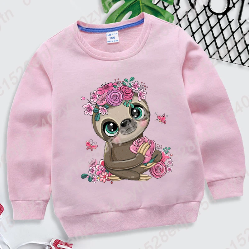 Sloth Flower Print Pullover Fashion Round Neck Top Kids Boys Girls Hoodless Sweatshirt Long-sleeved Autumn And Winter Sweatshirt