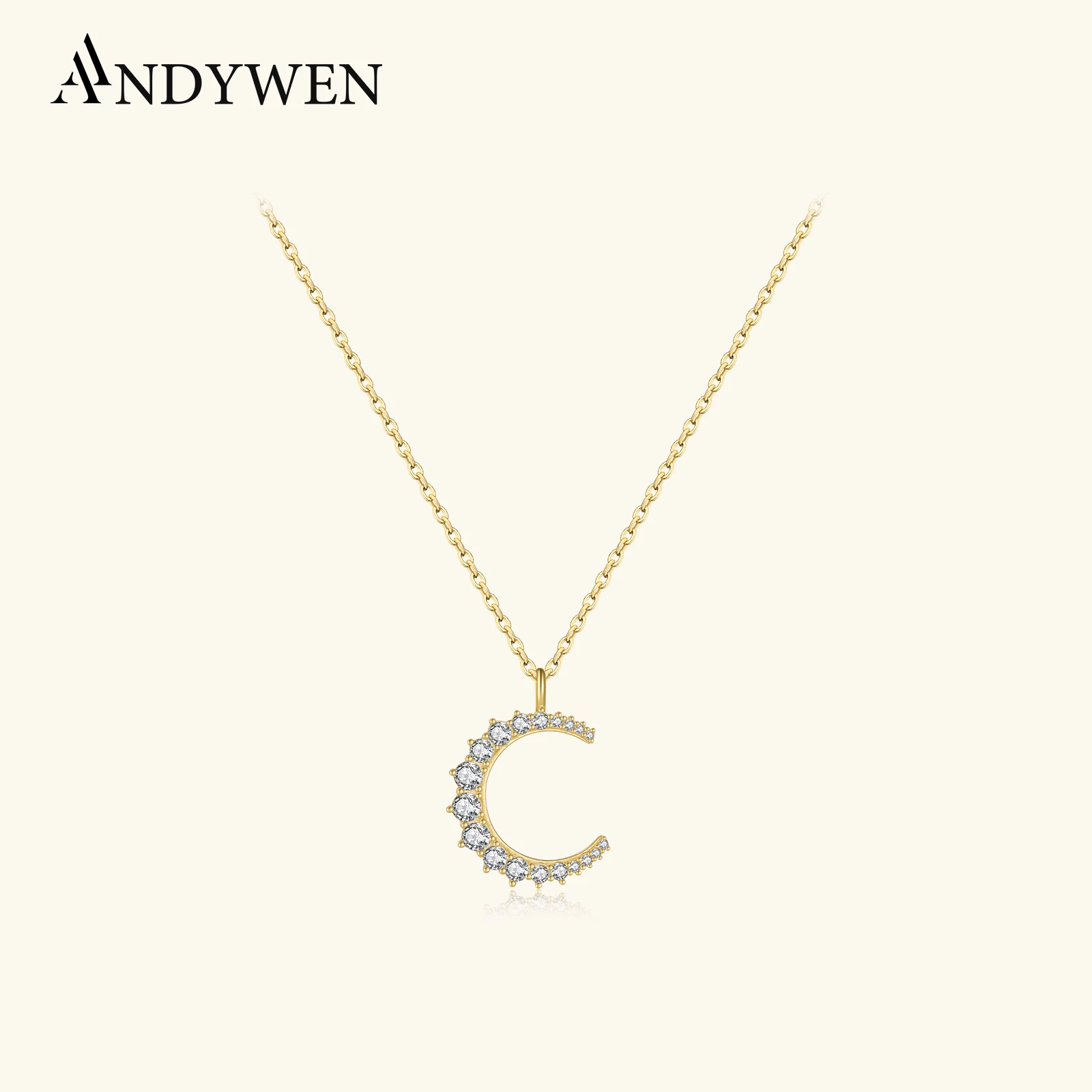 

ANDYWEN 925 Sterling Silver Gold Clear Blue Moon Pendant Chain Necklace Long Choker Fine Jewelry 2021 Wedding Gift Luxury Gift