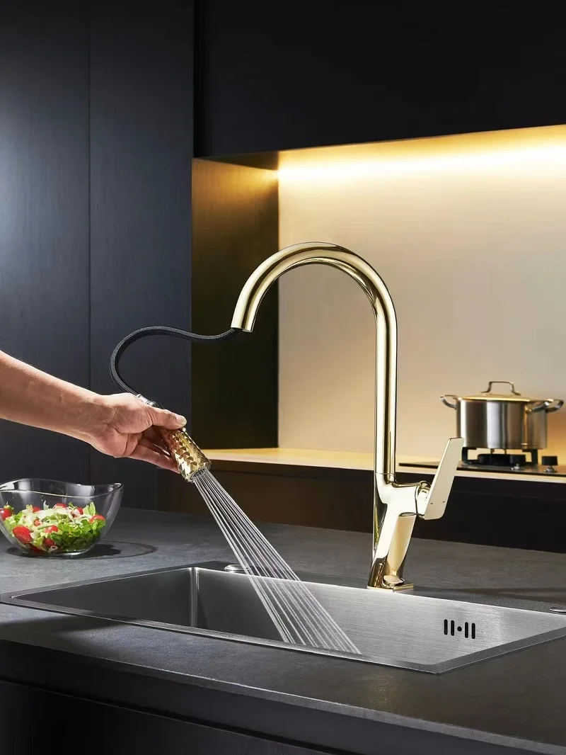 Top Quality Gold Brass Kitchen Sink Faucet One Hole Hot cold water Pull Out Kitche mixer Tap Single Handle with two mode sprayer