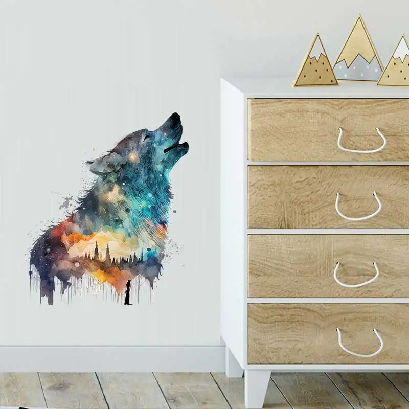 M430 Colorful Wolf Watercolor Animal Wall Sticker Bathroom Toilet Living Room Cabinet Refrigerator Home Decoration Decals