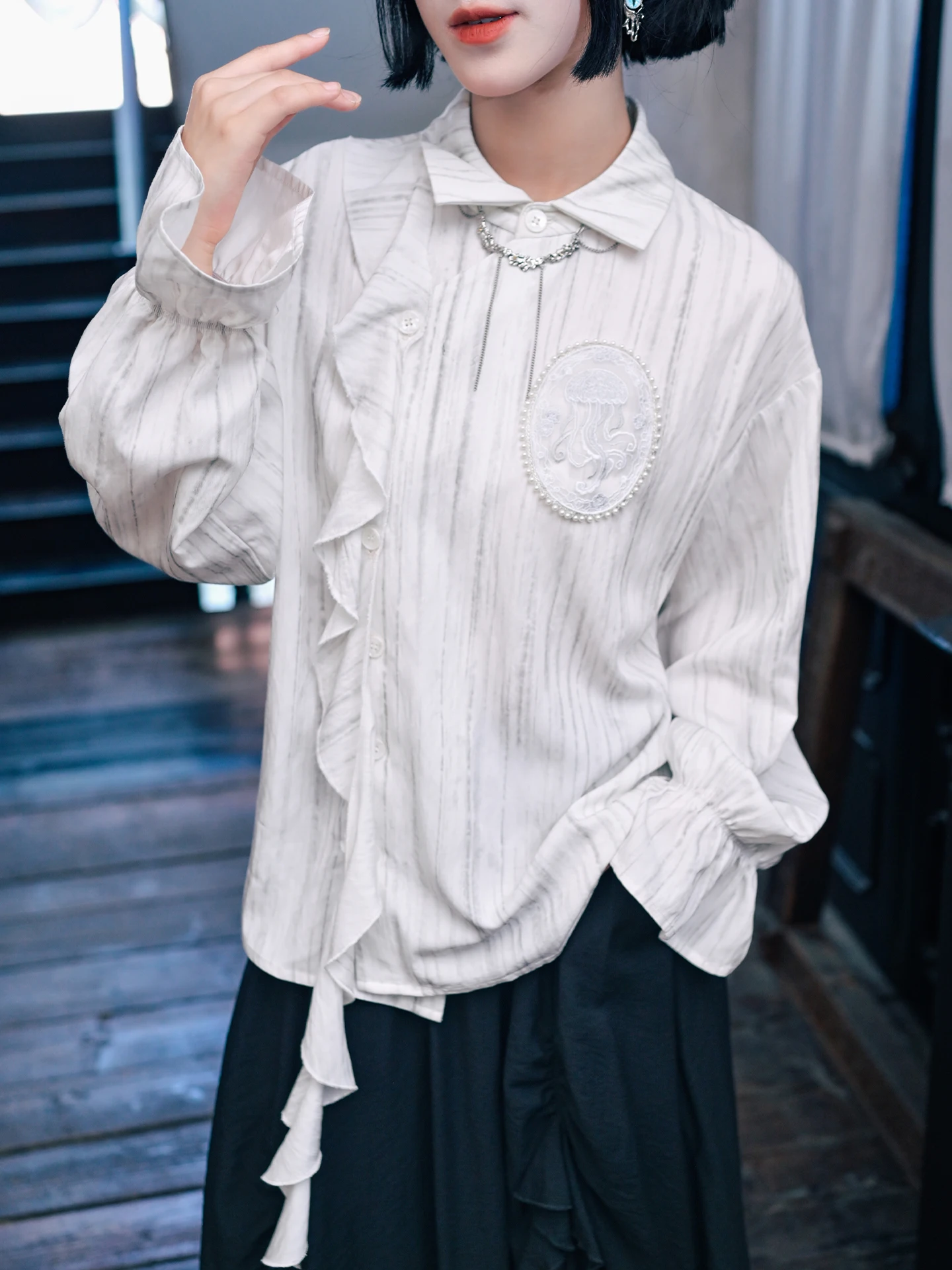 

Женское боди French Sle White irt в стиле пэчворк Sa, свободный крой, длинный све, на пуговицах, на шнурке, повседневный стиль