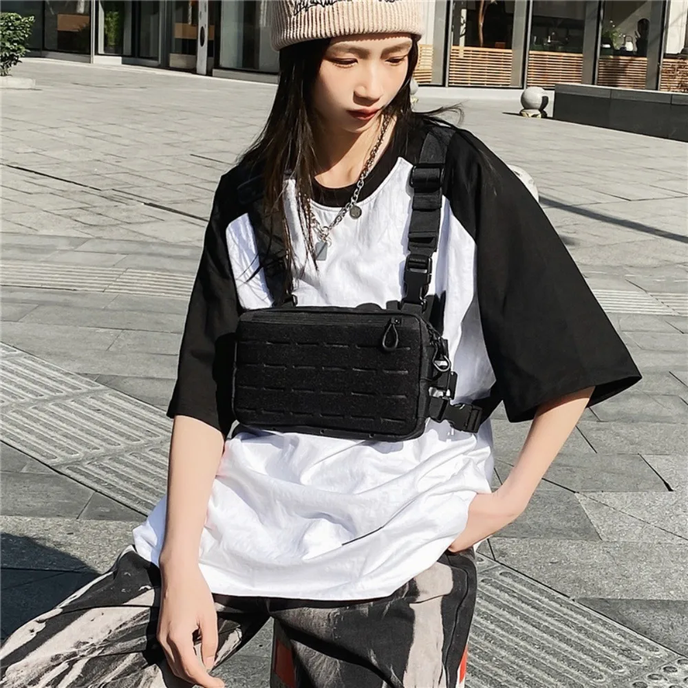 Oxford Cloth Double Shoulder Chest Bag Large Capacity Adjustable Strap Man' S Vest Bag Hip Hop Black Message Crossbody Pouch