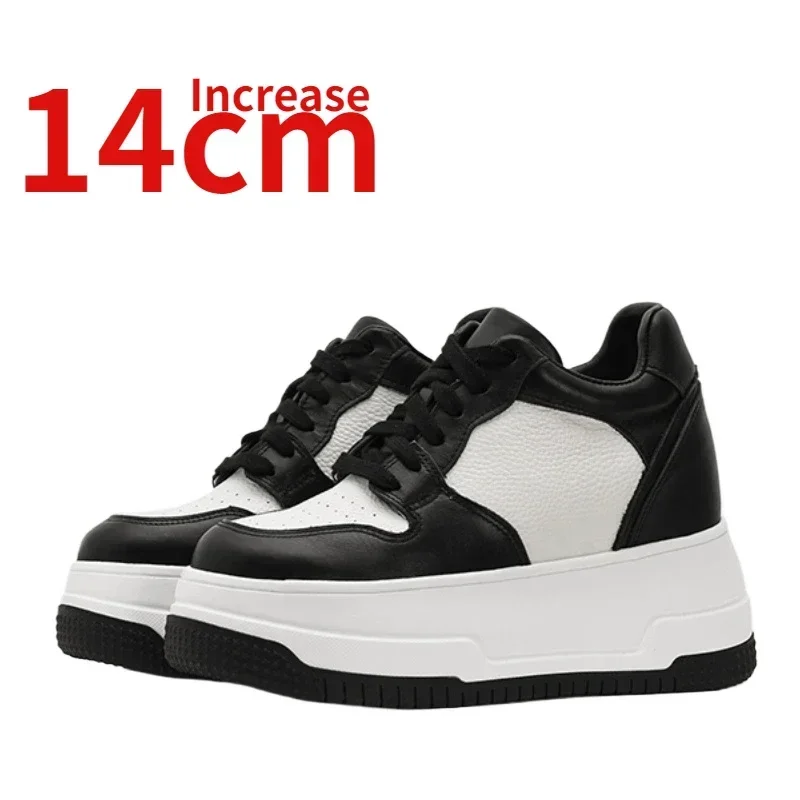 Genuine Leather Black/White Casual Board Shoes Women's Invisible Increased 14cm Ultra Light Thick Platform Design Elevated Shoes