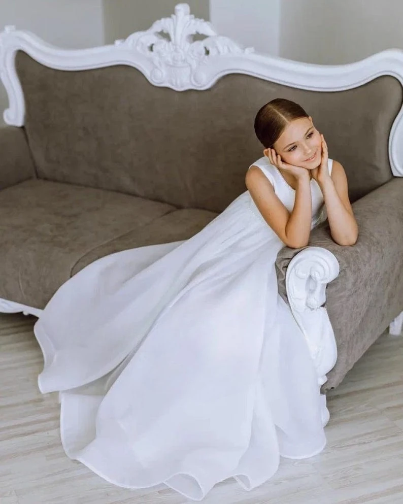 Organza Flower Girl Dress Boho with Pearls Toddler Formal Dress Tutu Bridesmaid Princess Ball Gown Pageant Dresses for Girls