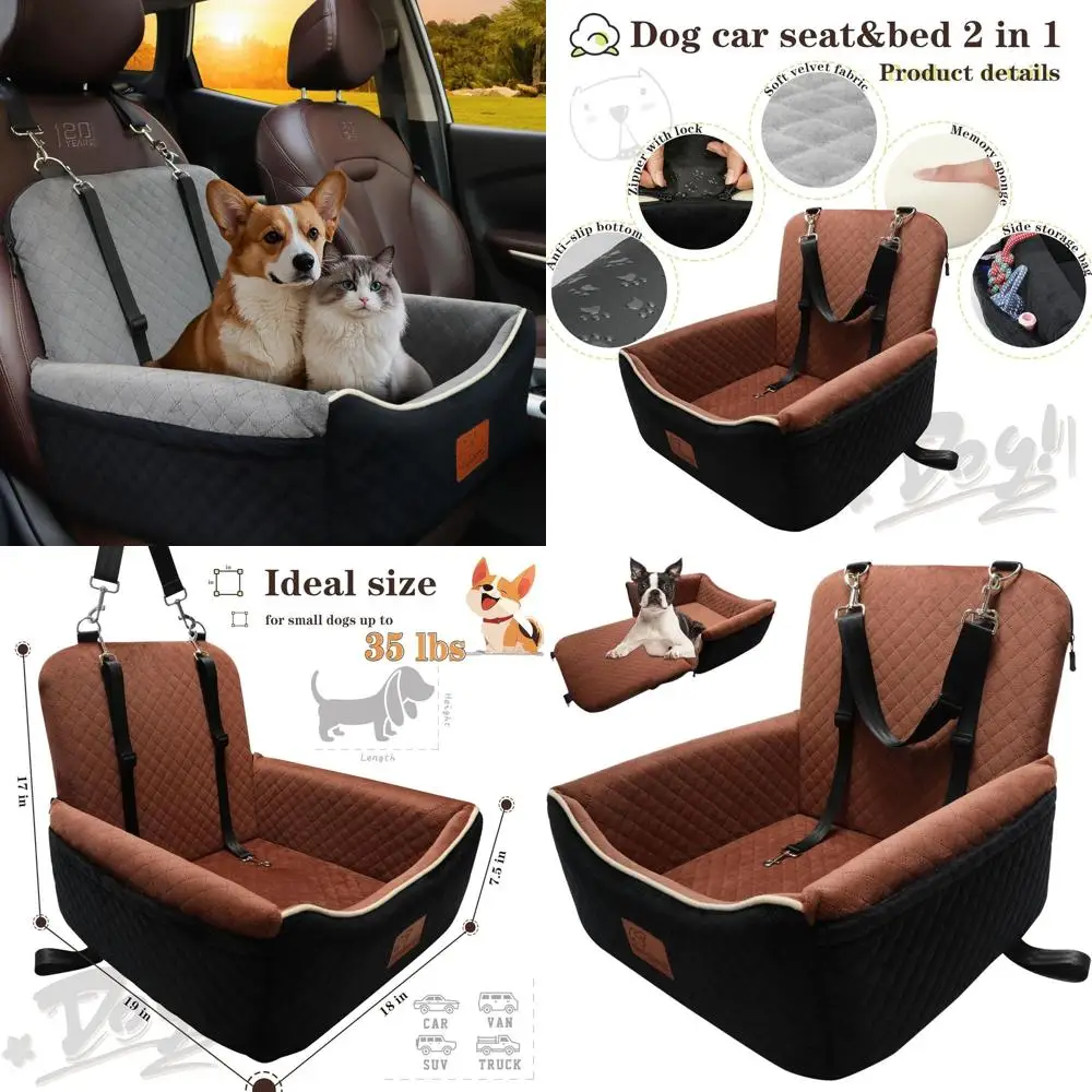 

Convertible 2-in-1 Car Seat Bed for Small/Medium Dogs, Up to 35 lbs, Adjustable Leashes, Memory Foam, Soft Fabric, Travel-Friend