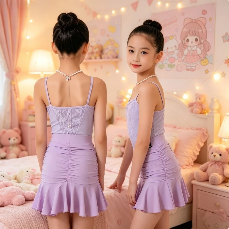 

Girls Purple Latin Dance Dress Sleeveless Summer Training Suit Samba Competition Wear Performance Accessories Dance Wear Zym