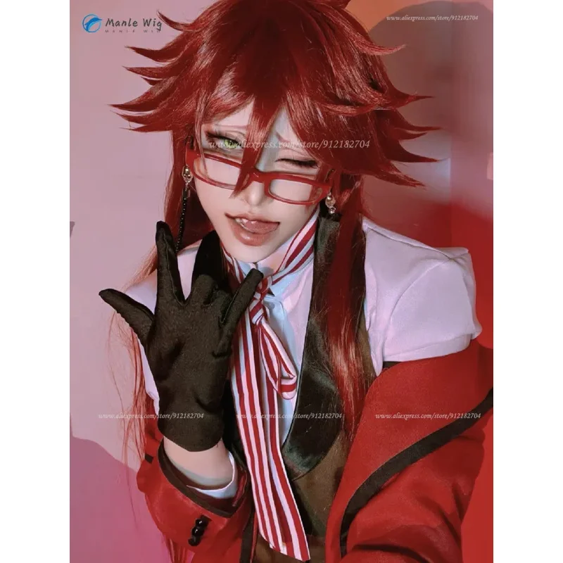 Grelle Sutcliff Parrucche Cosplay Anime 90 cm Parrucca lunga rosso scuro Capelli sintetici resistenti al calore Parrucche per giochi di ruolo di Halloween Protezione per parrucca