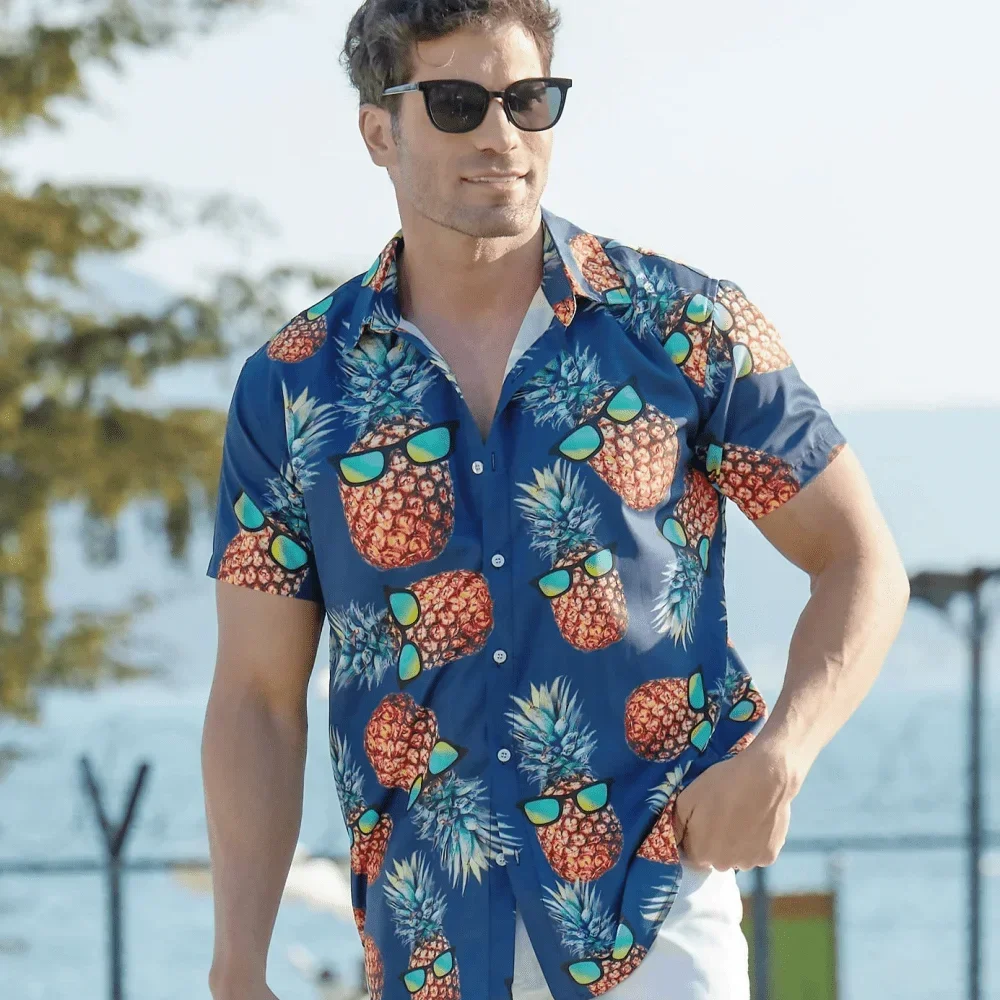 

Mens 3D Printed Pineapple Sunglasses Casual Short Sleeve Button Down Shirt