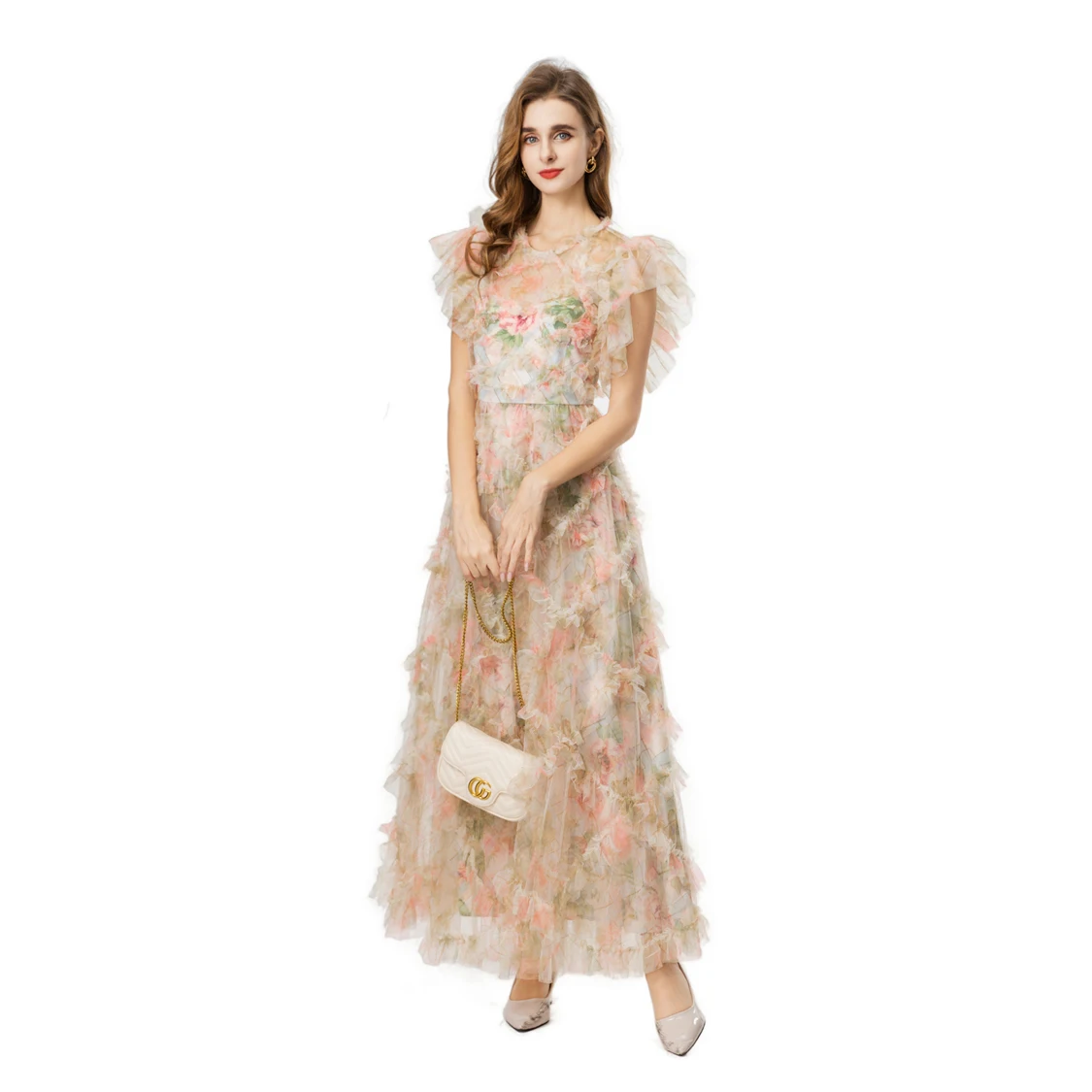 Vestido maxi de tule com estampa floral, blush macio e requintado, mangas curtas com babados e saia multi em camadas para ocasiões especiais