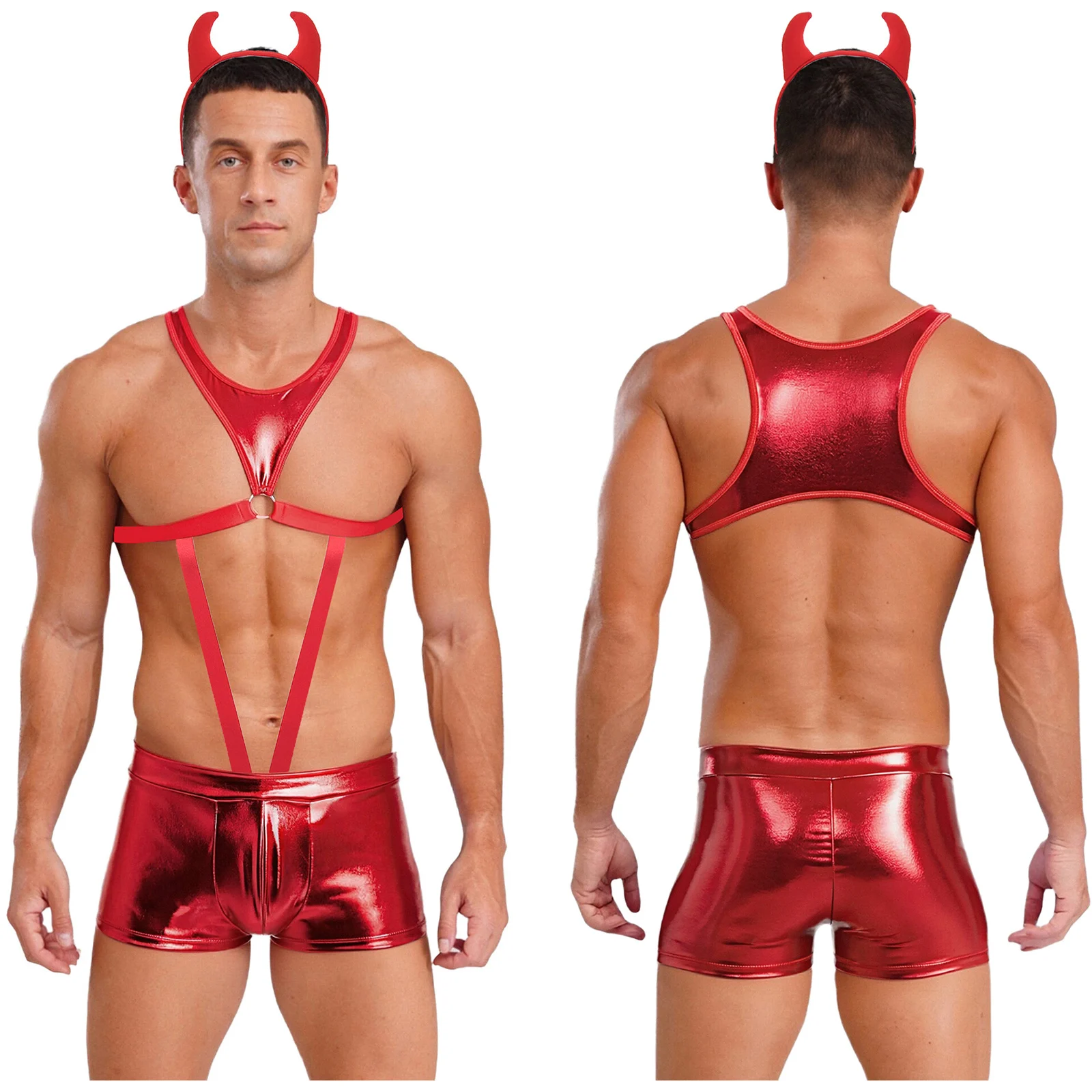 

Men Metallic Bodysuit with Devil Horn Headwear Showing Chest Muscle Boxer Shorts One-piece Mankini Bodysuit Halloween Nightwear
