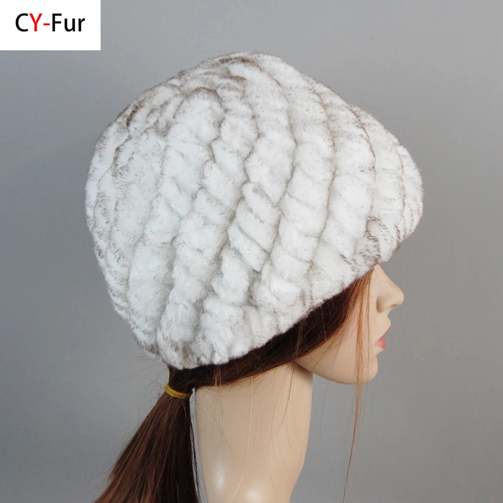 Fashion Women\'s Cap Real Rex Rabbit Fur Winter Fur Hat For Women Russian Real Fur Knitted Cap Headgear Winter Warm Beanie Hats