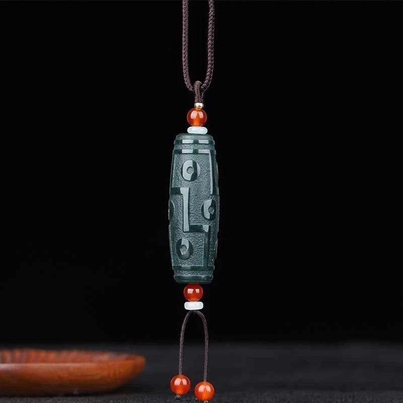 Mai Chuang/ Hand-carved/ Natural Xin Jiang He Tian Cyan Jade Nine-eye Dzi Bead Necklace Pendant for Men Women Faith Amulet Gift