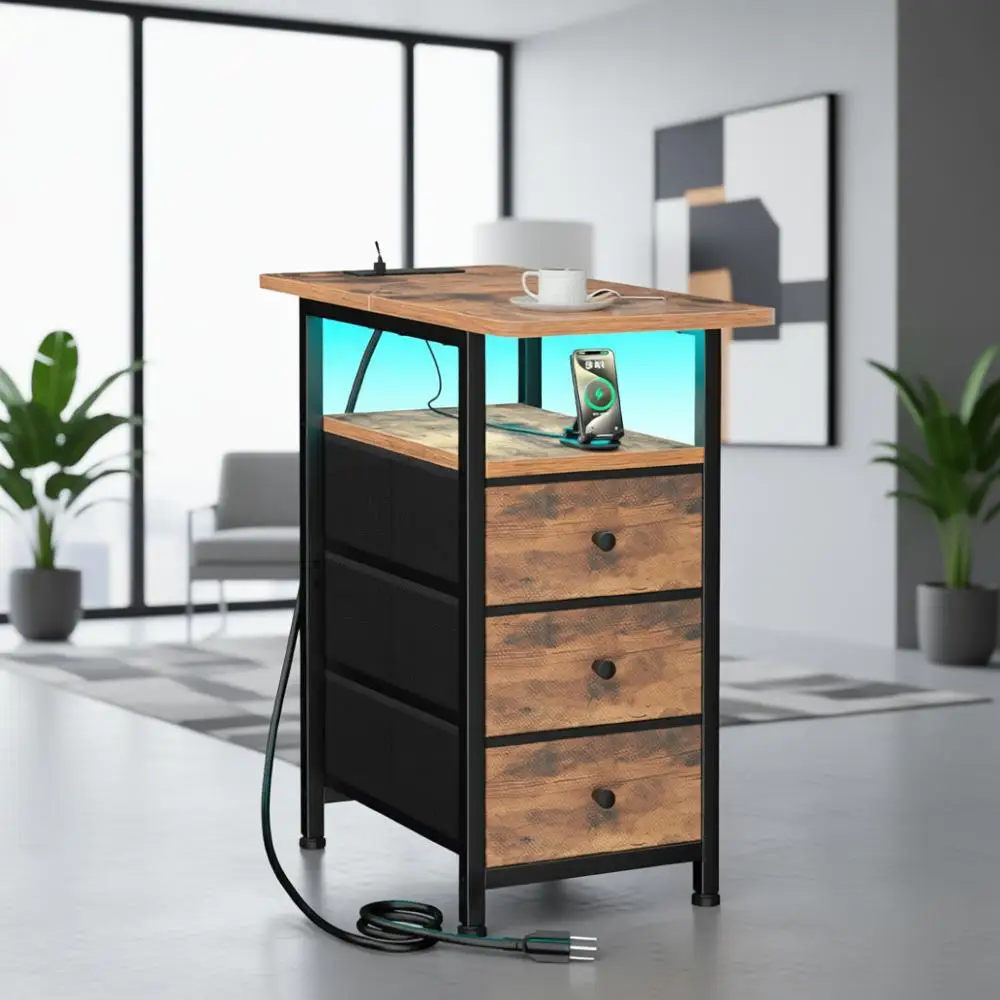 

Narrow End Table Living Room with Charging Station, Slim LED Nightstand with Fabric Drawers, Skinny Side Table for Bedroom, Smal