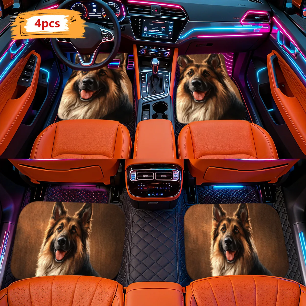 4pcs Modern German Shepherd Car Floor Mats Compatible For Most Vehicles - Fit -Weather Non-Slip Durable Easy-Clean With German S