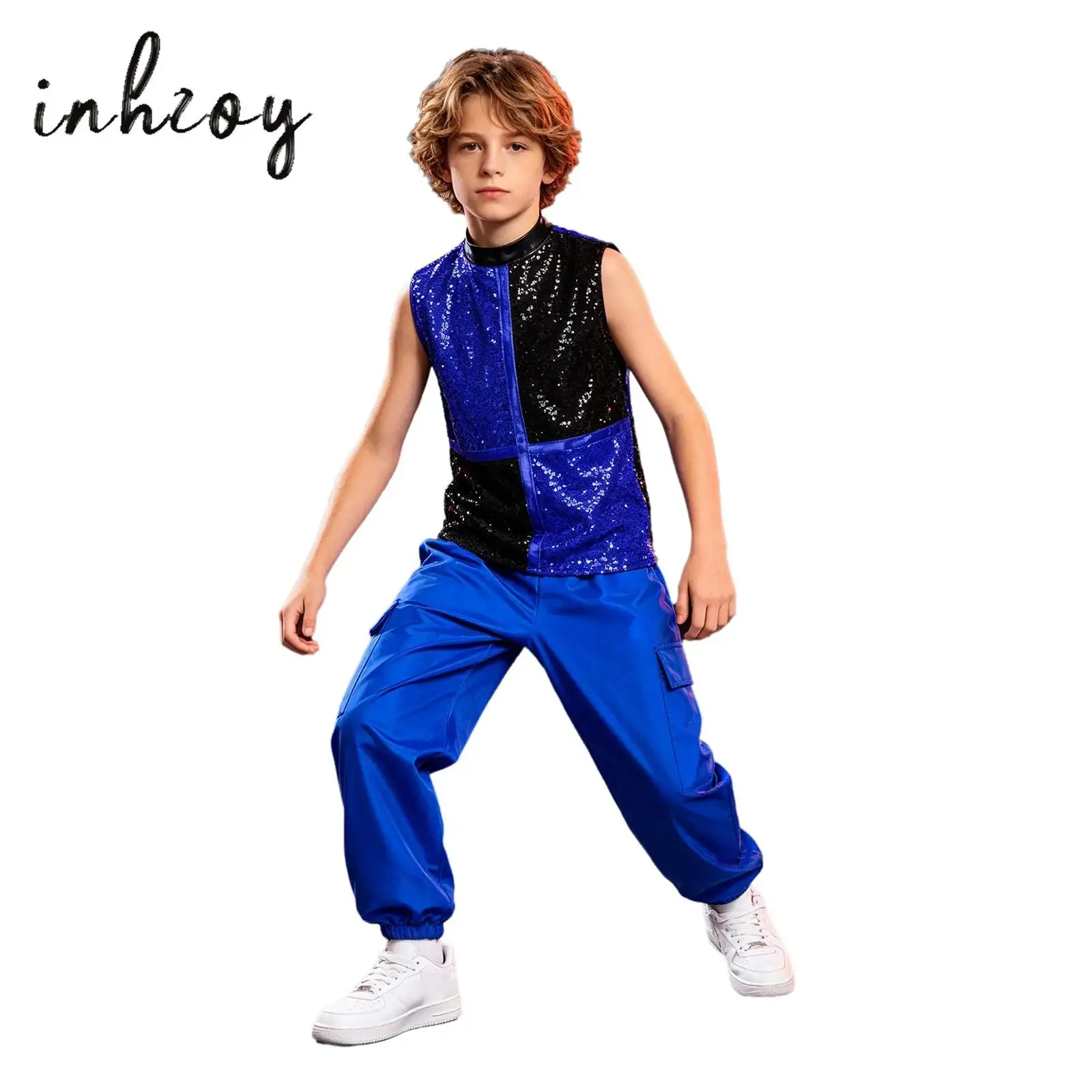 

Kids Girls Hip-Hop Jazz Dance Competition Outfits Cheer Modern Dance Costume Sleeveless Sequins Crop Top with Metallic Pants