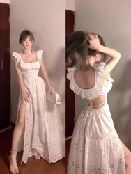 French Women White Square Neck Backless Ruffled Edge Pleated Long Dresses Vintage Hollowed Out Crochet Party Prom Dress Summer