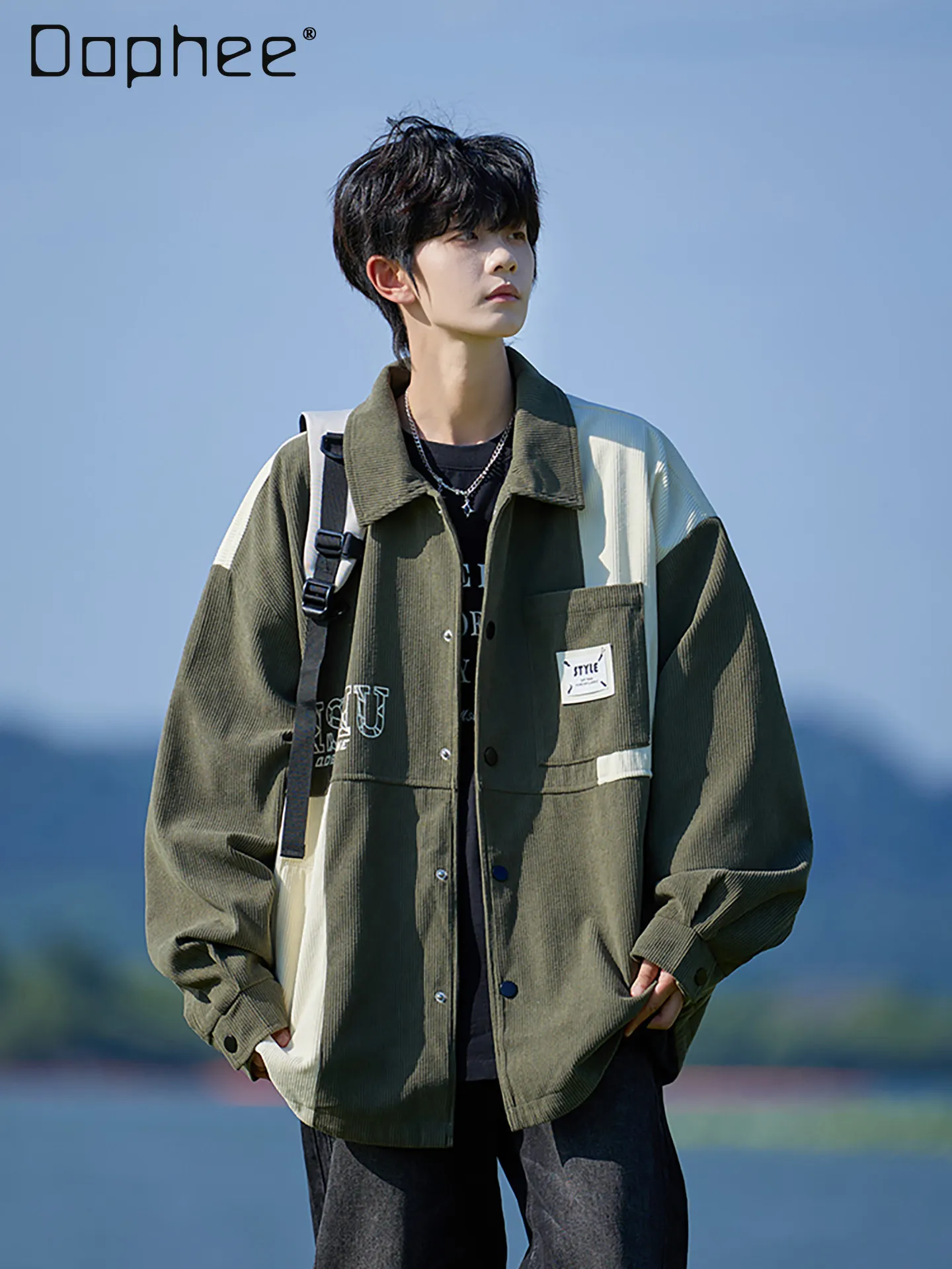 Spring Autumn Commuting Style Black Army Green Patchwork Corduroy Shirt for Men Loose Casual Versatile Beige Quilted Jacket