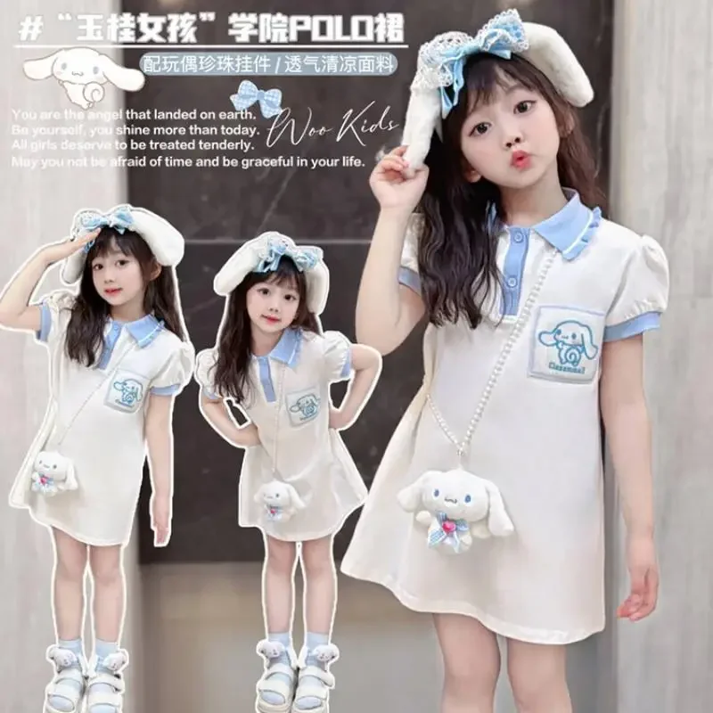 

Kuromi Girl Dress Sanrios Cinnamoroll Two Fakes Strap Skirt Summer New Girls Party Dresses Short Sleeve Children's Clothing