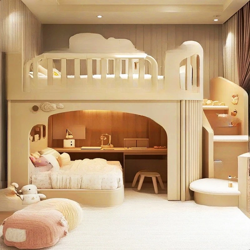 Łóżko dziecięce kremowe, łóżko dla dziewczynki, łóżko dla młodszej siostry, łóżko z szafką i stołem z schodami.