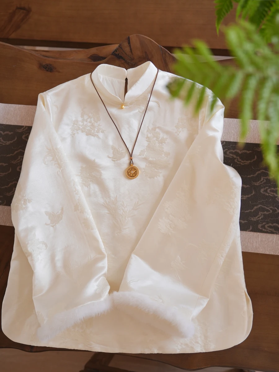 

Женский топ Luoyu из шелковой шерсти с меховым воротником-стойкой, новая китайская традиционная модная одежда для ношения под одеждой