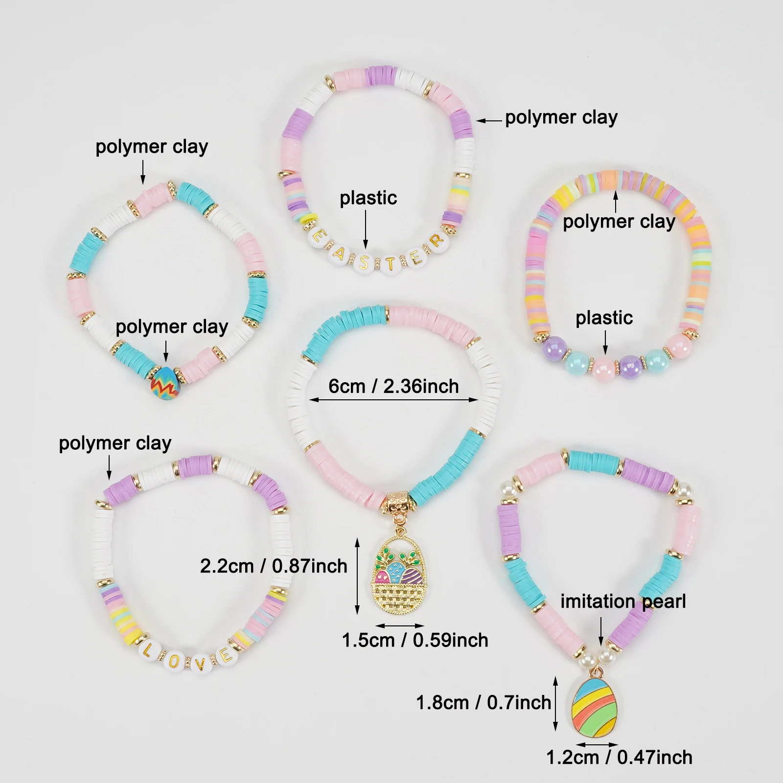 Easter Heishi Surfer Bracelets Set Easter Eggs Bunny Colorful Stackable Clay Beaded Stretch Bracelets