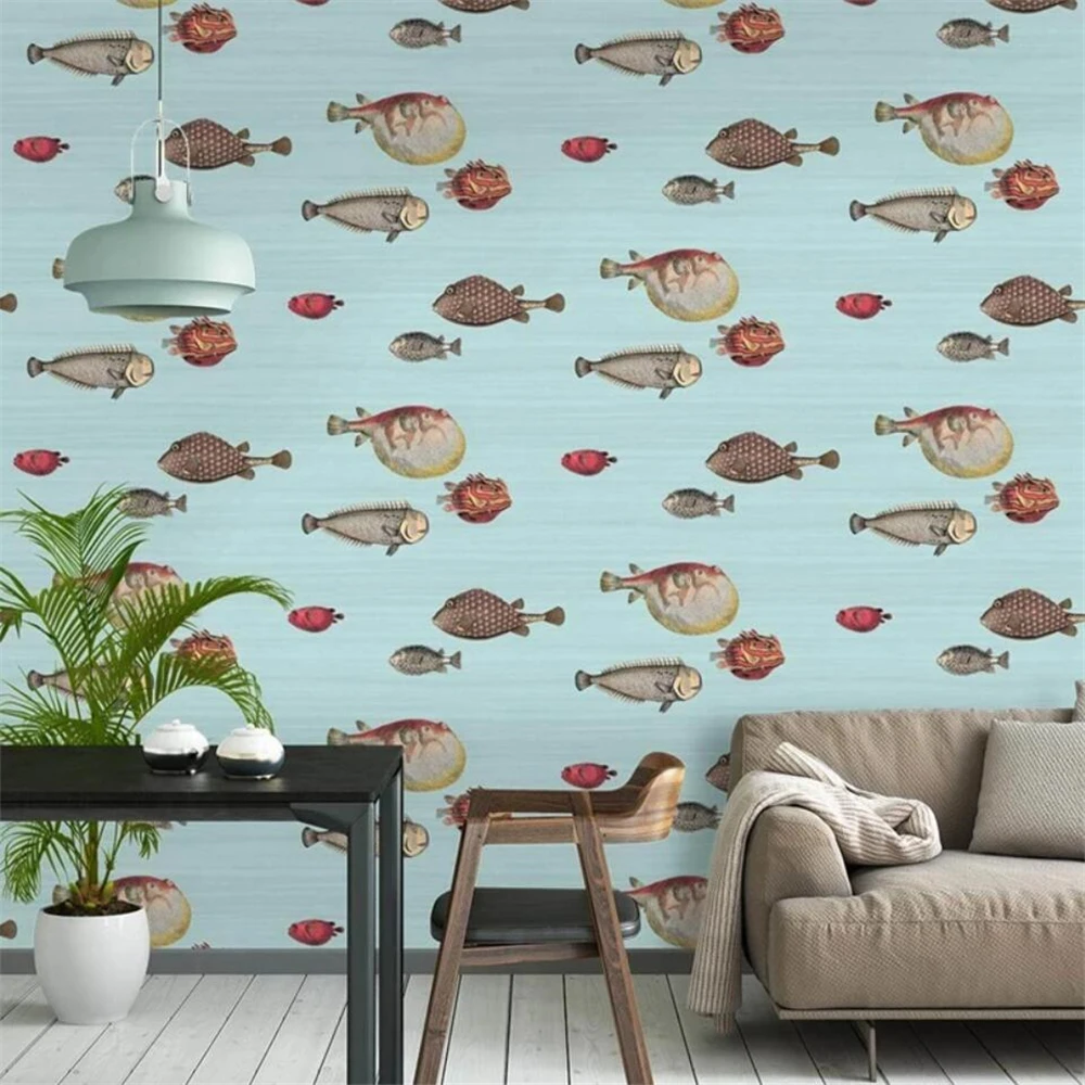 

custom nordic mural wallpaper home decor blue back sea fishes scandinavian vinyl wall stickers for living room home decoration