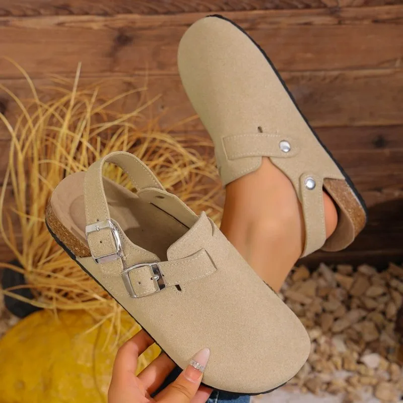 2026 Crestar Women's Suede Lady Fashion Buckle Leather Mules Comfort Cork Footbed Potato Shoes with Arch Support Beach Sandal view 3