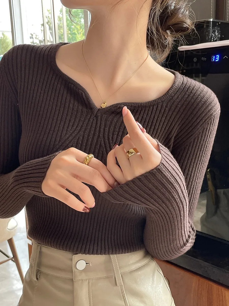 2024 Basic V-neck Chic Autumn Winter Pullover Women Female Knitted Ribbed Sweater Slim Long Sleeve Badycon High Quality Sweater