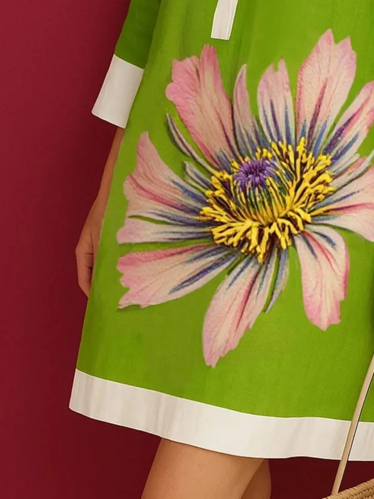 UOOZEE 여성용 빈티지 우아한 꽃 프린트 이브닝 미니 드레스 루즈한 3/4 소매 H라인 라펠 셔츠 드레스 2025