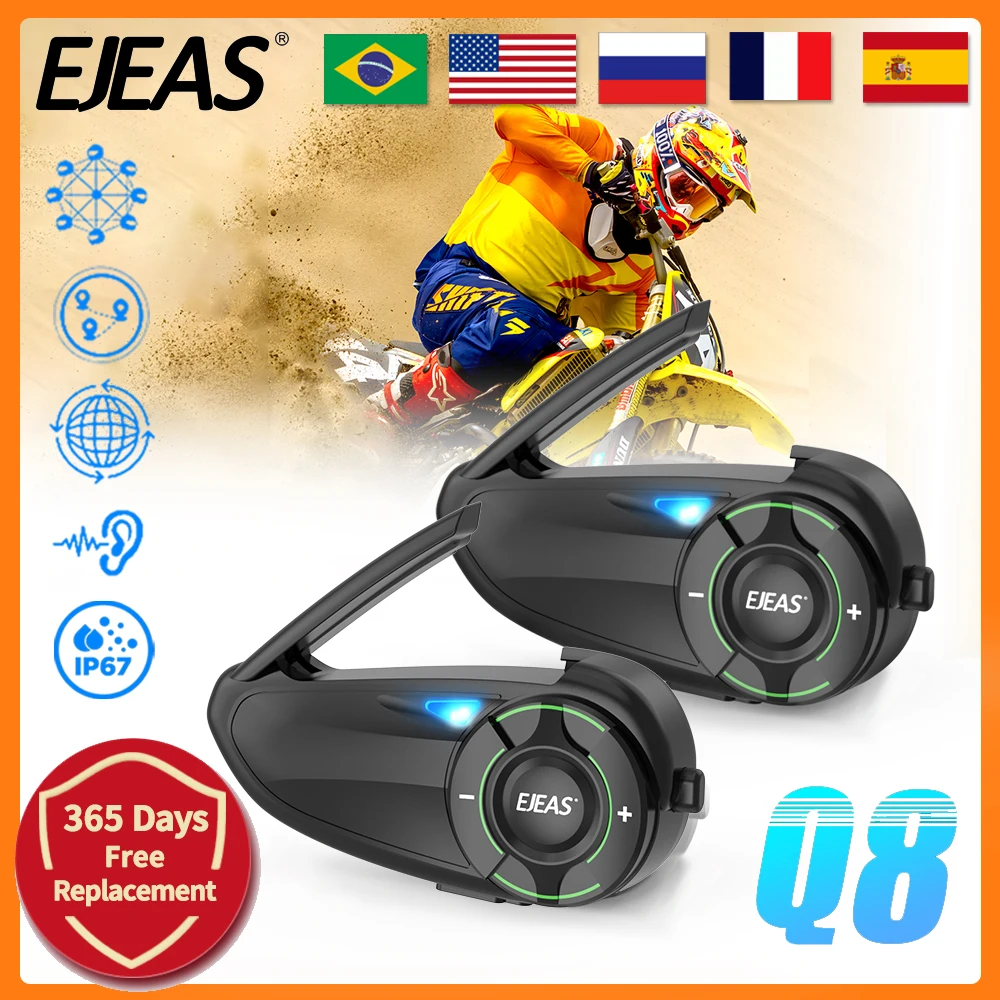 2PCS EJEAS Q8 Motorcycle Helmet Intercom Mesh3.0 6 Riders Walkie Talkie Interphone Bluetooth Headset Music Sharing FM Waterproof