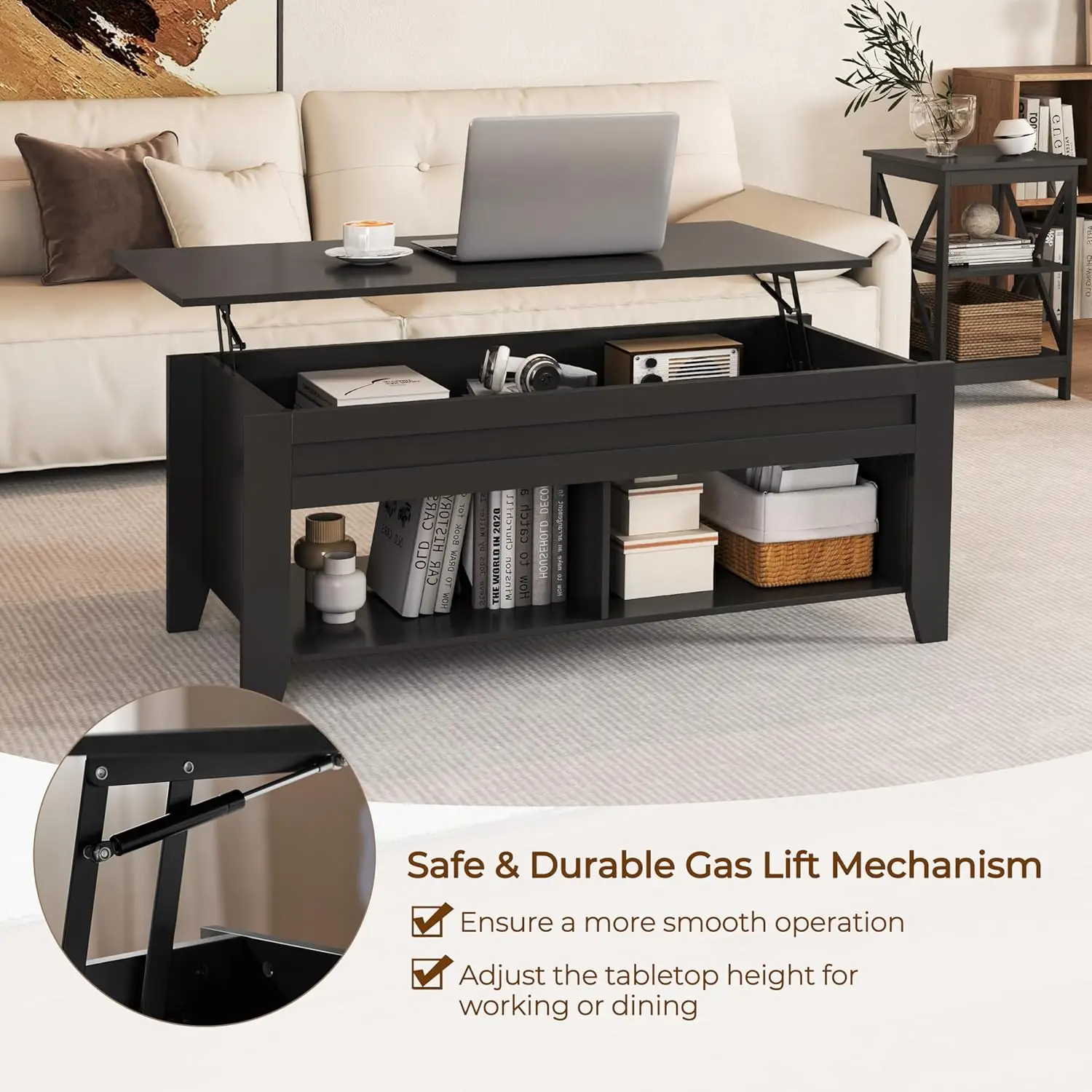 Lift Top Coffee Table with Hidden Storage, 47.5 Inch Black Design for Living Room