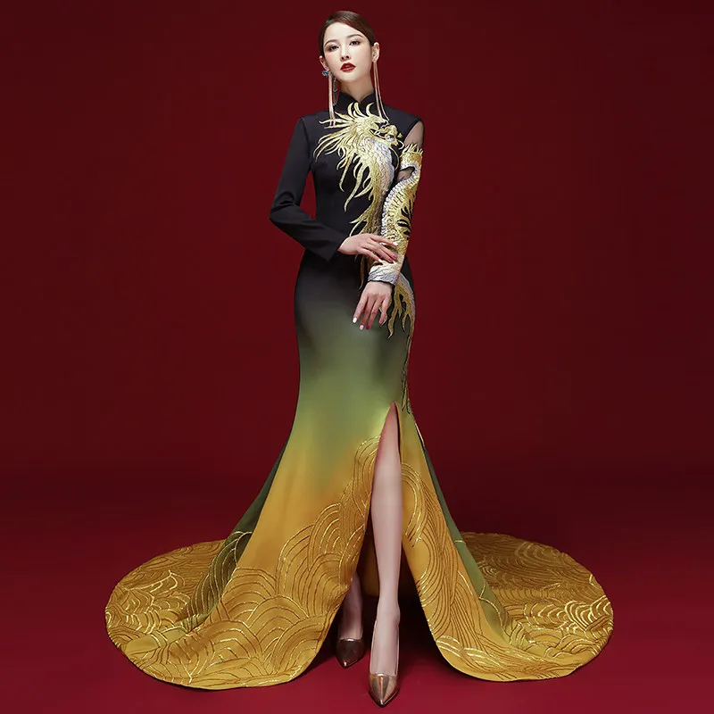 Gradient Yellow Green Phoenix Embroidered Fish Tail Cheongsam Dress Chinese Style Fashion Show High-end Trailing Long Skirt