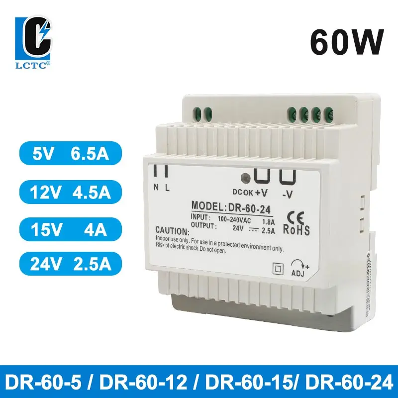 

Rail Type Small Volume Switching Power Supply DR60 5V 12V 15V 24V 6.5A 4.5A 4A 2.5A Transformer 60W Fonte Dc