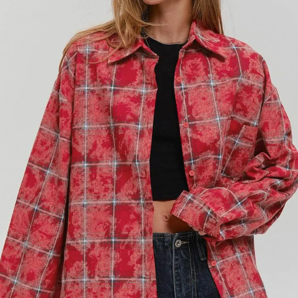 Women Shirt Casual Spring Shirt Jacket Stylish Women's Plaid Print Shirt Jacket for Casual Daily Wear Retro Long Sleeve Lapel