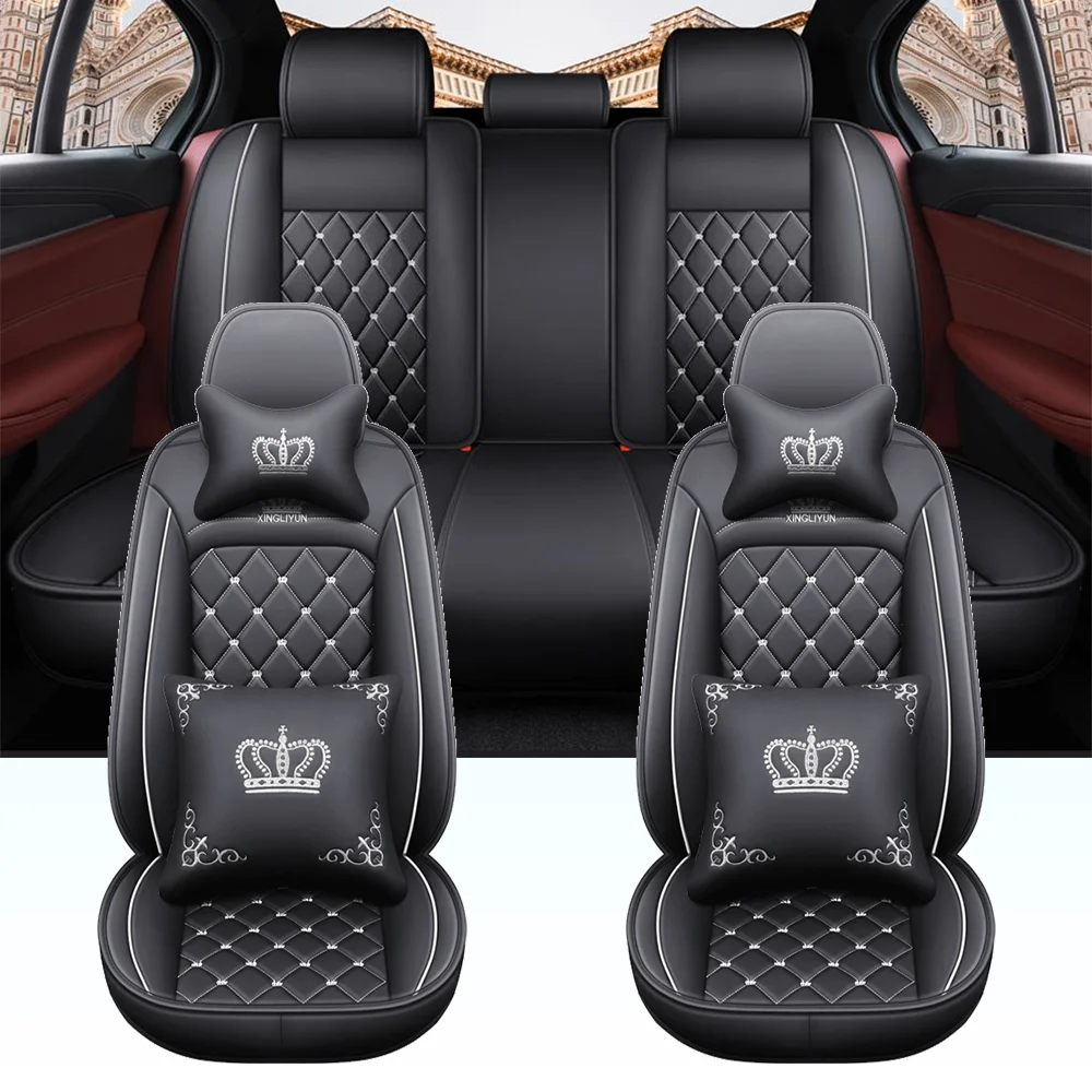 Deluxe PU leather crown embroidery 5-seat full car seat cover +4 pcs Matching Pillow, protect the car seat, comfortable
