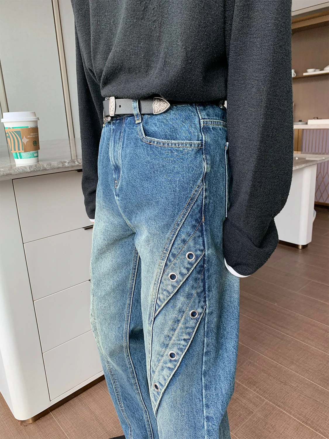 Vaqueros empalmados de pierna ancha para hombre, estilo coreano, Hipster que combina con todo, holgado, de cintura alta, para uso diario, S-3XL vaquero Retro básico