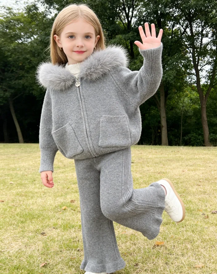 Girls Suit 2026 Autumn and Winter New Childrens Clothes Girls Baby Fashion Wool Collar Hooded Sweater Pants Two-piece Set Simple