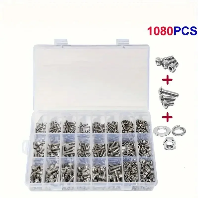 1080pcs Nuts And Bolts Assortment Kit - M3 M4 M5 M6 Screw Set - Button Head & Socket Head Metric Screws - 304 Stainless Steel