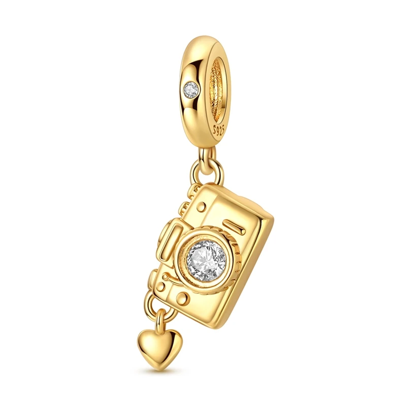 

925 Sterling Silver Charms Bead Gold Camera Dangle Fit Original Bracelet DIY Women Jewelry