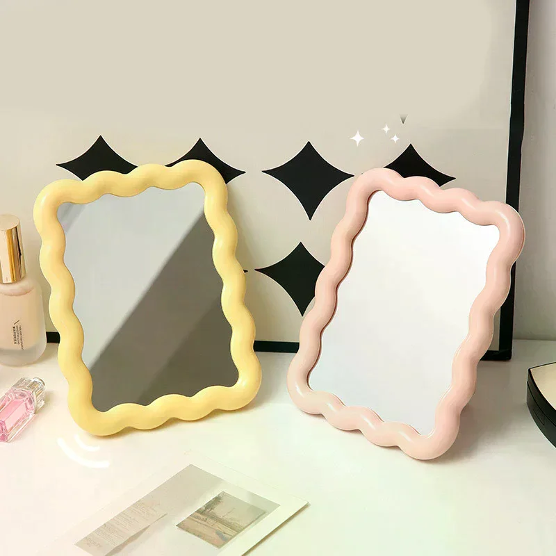 Miroir de maquillage de bureau ondulé, couleur unie, Simple, Portable, pliable, Compact, mignon pour étudiant