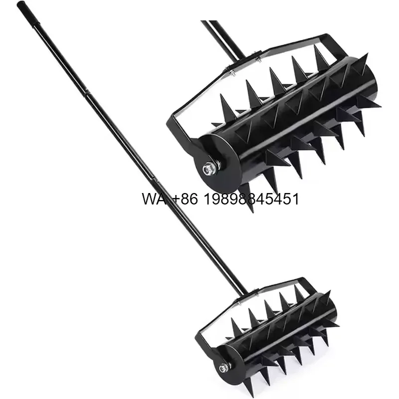 Wmwmnu Manual Rolling Lawn Aerator Tool with Triangular Plate Spikes Metal Grass Aeration 400mm Working Width for