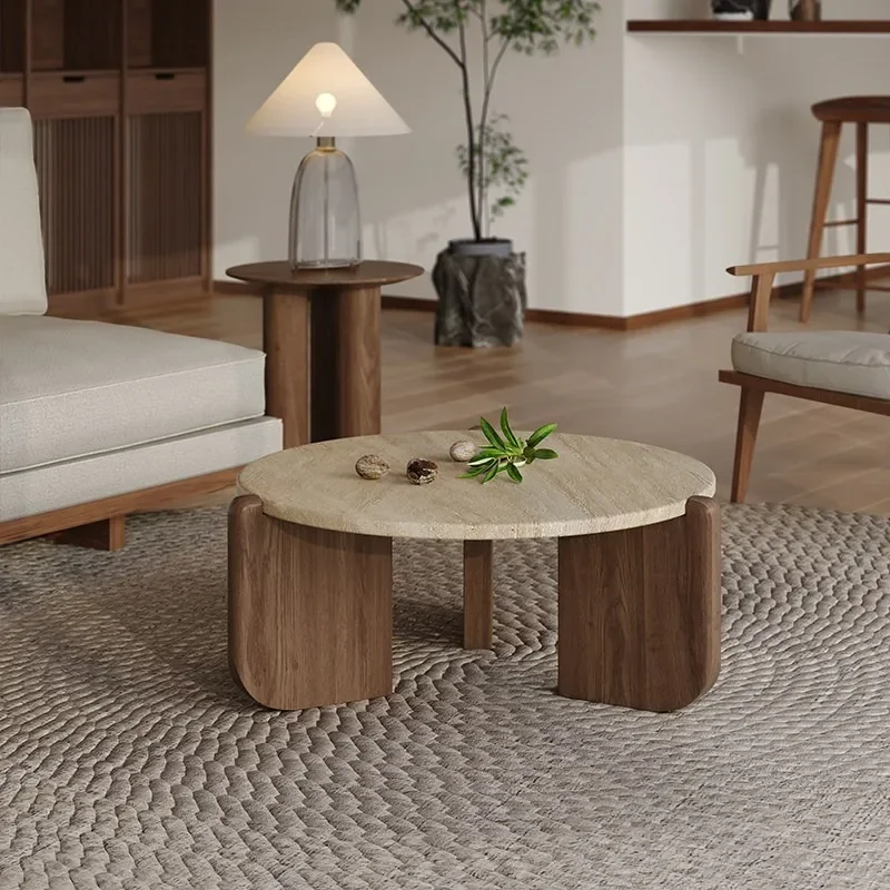 Round natural travertine coffee table small apartment living room used in the middle of the marble solid wood coffee table