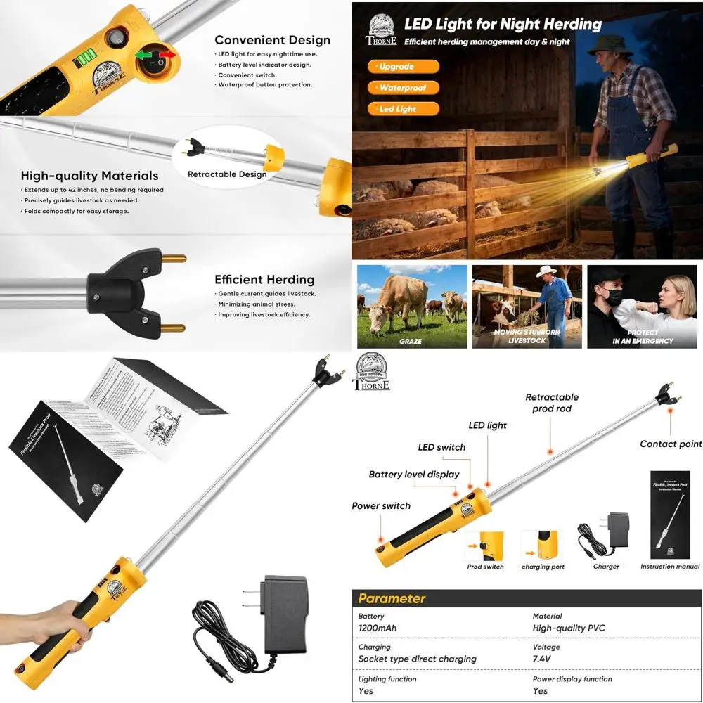 

42-inch Retractable Electric Livestock Prod with LED Light for Cattle, Pigs, and Goats - Heavy Duty Herding Tool