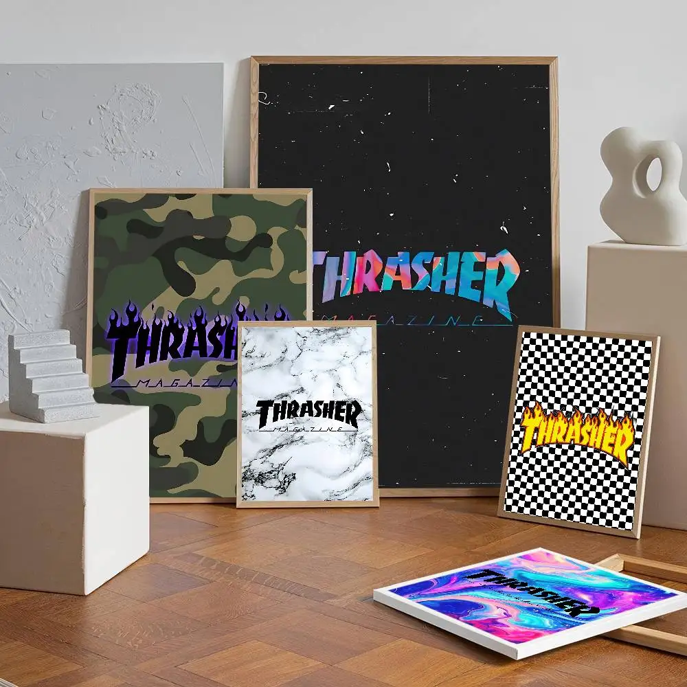 Самоклеящийся художественный постер с логотипом T-ThrasherS, белая бумага, принты, постеры, произведения искусства, эстетическое искусство, настенная живопись