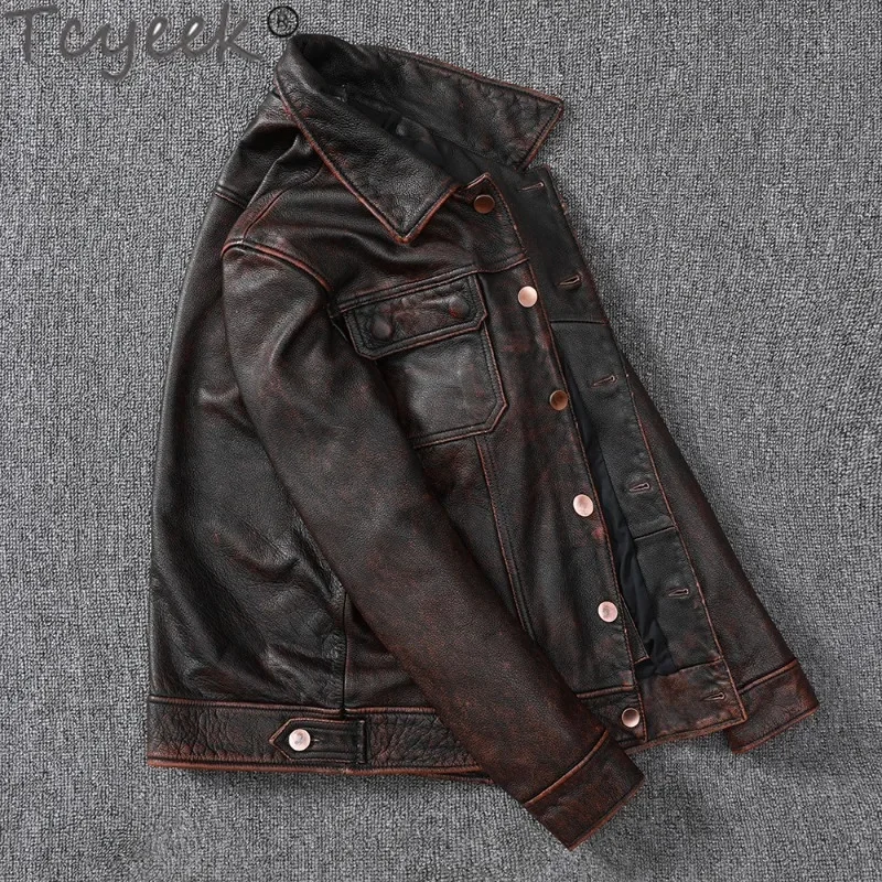 New Tcyeek Vintage Brown Workwear Cowboy Genuine Leather Jacket Natural Cowhide Coat Men's Stone Mill Old Style Clothes