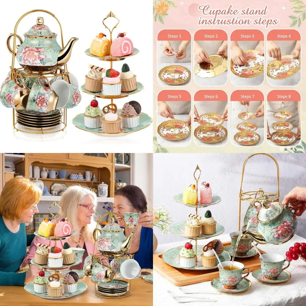 

Набор для чаепития в европейском стиле для взрослых, 21 предметов, с цветочным дизайном, металлическим держателем и 3-х уровневой керамической подставкой для торта