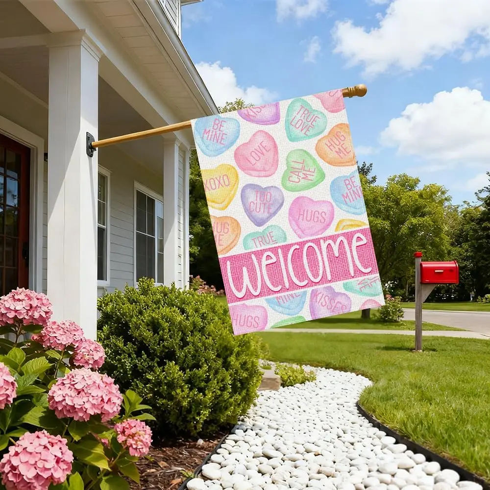 Large Valentine's Day Garden Flag Double Sided,Colorful Candy Love Hearts Welcome Burlap Garden Flag for Outside Holiday ZZM