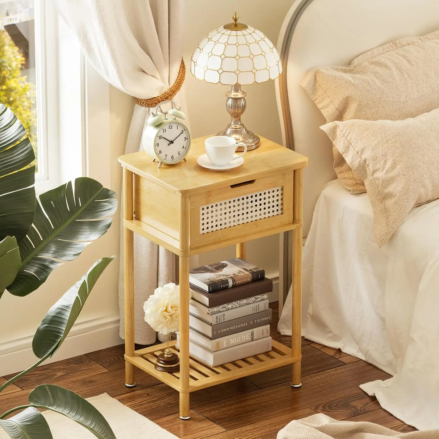 

Bamboo Bedroom Nightstand, 2 Tier End Table, Bamboo Bedside Table, Boho Narrow Side Table with Storage Drawer, Boho Small Dre